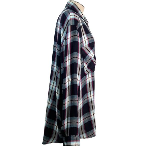 EXPRESS Oversized Navy & Pink Plaid Button-Up Shirt with Tab Sleeves Size Large - Picture 8 of 8